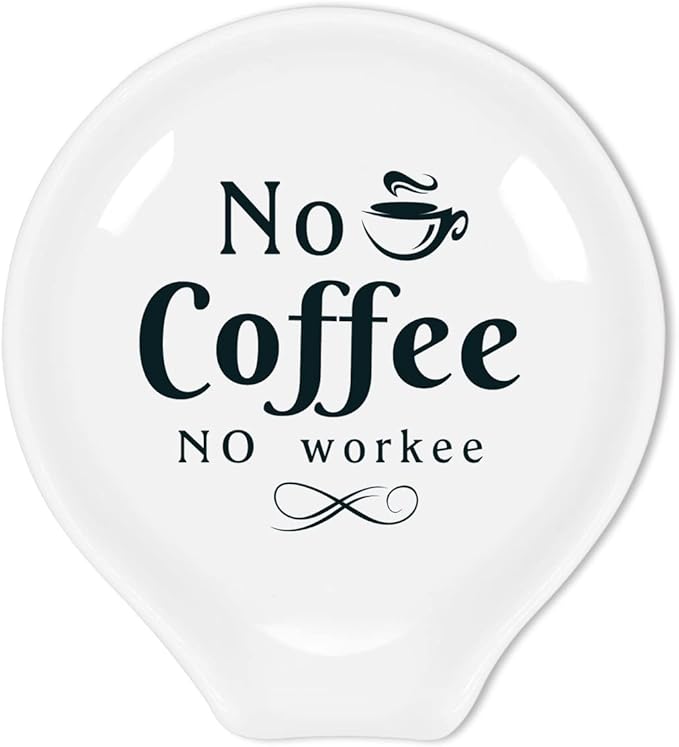 Funny Coffee Quote Ceramic Coffee Spoon Holder-Coffee Spoon Rest -Coffee Station Decor Coffee Bar Accessories-Coffee Lovers Gift for Women and Men (No Coffee No Workee)