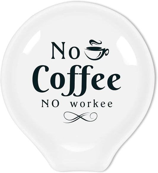 Funny Coffee Quote Ceramic Coffee Spoon Holder-Coffee Spoon Rest -Coffee Station Decor Coffee Bar Accessories-Coffee Lovers Gift for Women and Men (No Coffee No Workee)