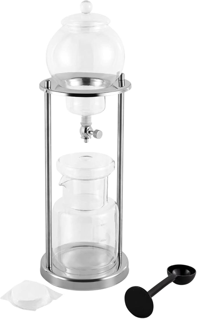 Iced Coffee Cold Brew Drip Tower Coffee Maker, Wooden Ice Coffee Machine, Stainless Steel and Borosilicate Glass, Long Neck Sharing Pot, with Measuring Spoon (Silver)