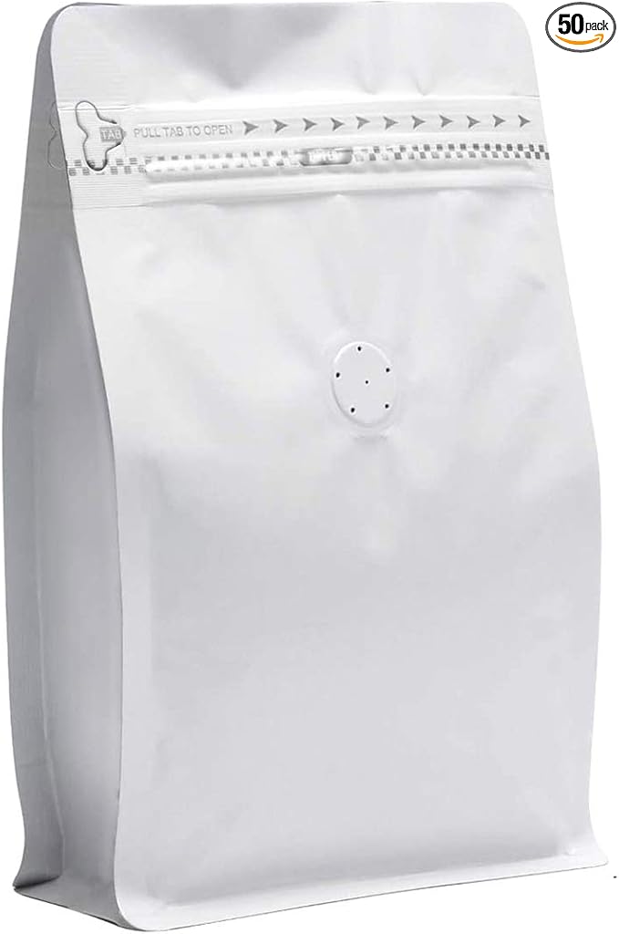 50 Pieces 4 Ounce White Kraft Paper Coffee Bags, Stand Up Coffee Pouches with One Way Degassing Valve and Reusable Side Zipper (Pull Tab to Open) Flat Bottom - Stand Up Well (4oz, 0.25lb, 100gram)