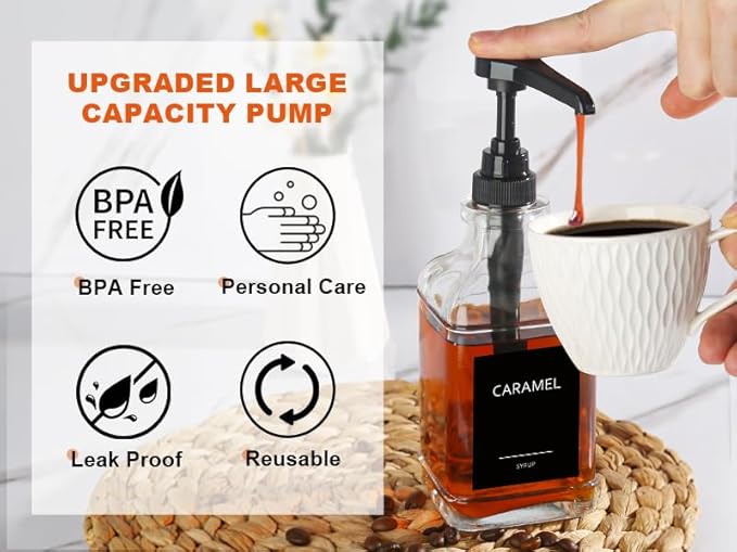GMISUN Coffee Syrup Dispenser, 16.9 fl oz Syrup Pump Dispenser for Coffee Bar Accessories, Square Glass Syrup Bottle for Coffee Bar Essentials, Simple Maple Syrup Bottles with ¼oz Large Capacity Pump