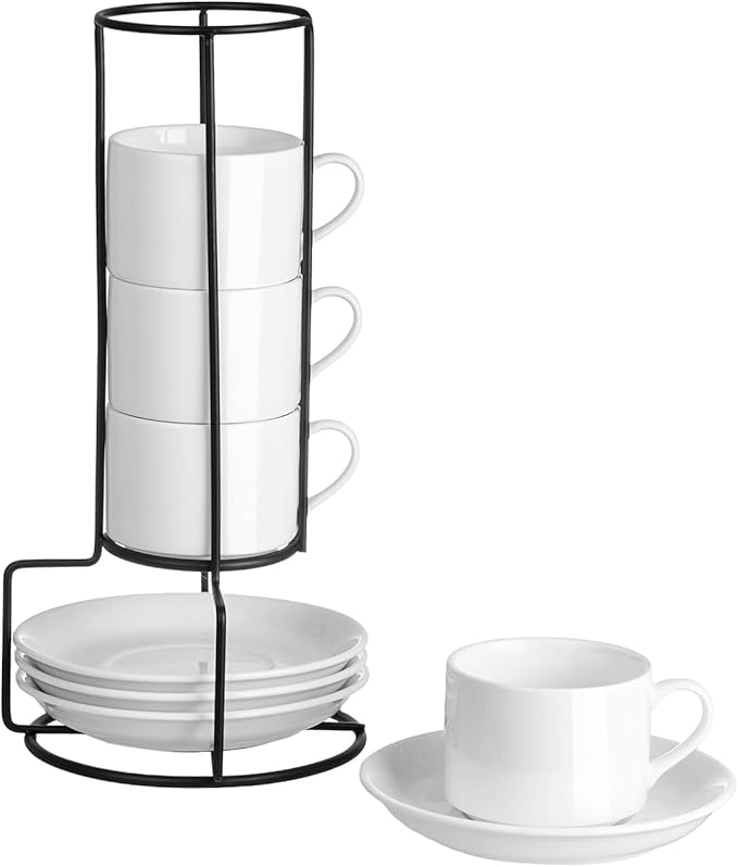 Meichu 4oz Porcelain Stackable Espresso Cups with Saucers and Metal Stand Set of 4, Stackable Espresso Cups Set of 4, White Expresso Shots Cup Set for Coffee Drinks, Cappuccino Latte, Americano, Tea