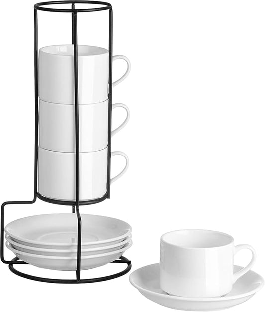 Meichu 4oz Porcelain Stackable Espresso Cups with Saucers and Metal Stand Set of 4, Stackable Espresso Cups Set of 4, White Expresso Shots Cup Set for Coffee Drinks, Cappuccino Latte, Americano, Tea