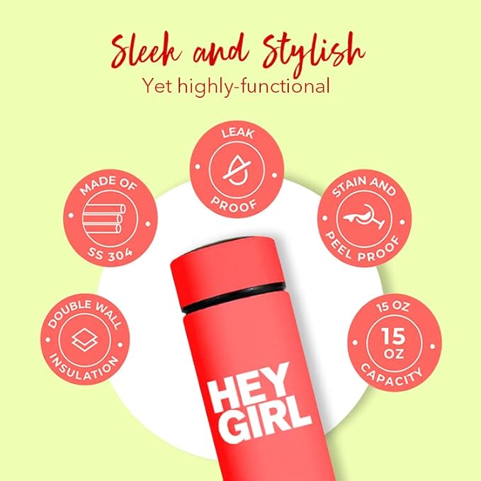 Hey Girl Tea Infuser Bottle 450ml - Insulated Stainless Steel Water Bottle - Tea Tumbler with Tea Diffuser - Portable Travel Mug for Loose Leaf Tea & Infused Water - Tea Lovers Gifts for Women