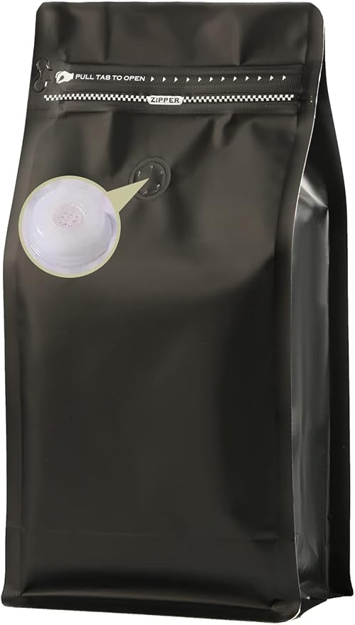 Coffee Bags with Valve(12 oz,3/4 lb,50pcs) Black High Barrier Aluminumed Foil Flat Bottom Heat Sealed Coffee Beans Packaging Bags Side Zipper Resealable Bags for Home or Business