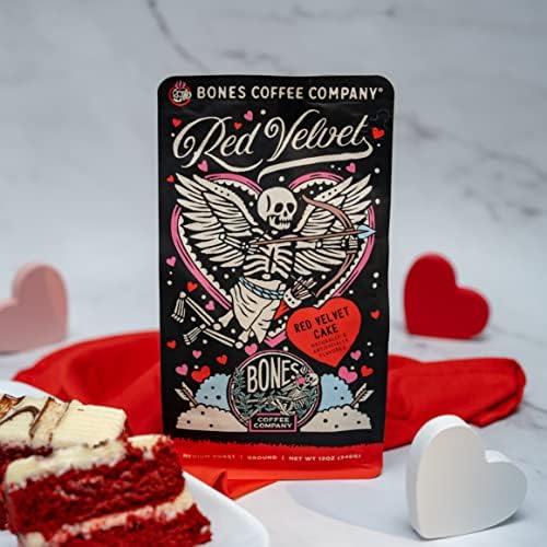 Bones Coffee Company Red Velvet Flavored Coffee Beans, Medium Roast Ground Coffee Low Acid, Red Velvet Cake Flavor (12 oz)