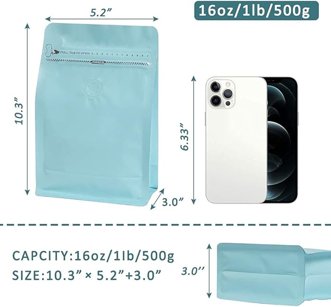 REMTAP Coffee Bags with Valve(100pcs,16oz) Tiffany Blue High Barrier Aluminumed Foil Flat Bottom Standing Coffee Beans Storage Bags,Reusable Heat Sealable Side Zipper Pouches for Home or Store