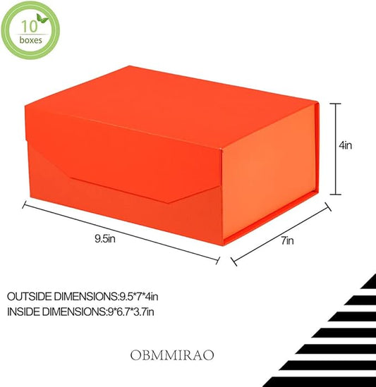 Upgrade 3PCS Orange Collapsible Storage Boxes, Sturdy Rectangle Gift Packaging Boxes with Lid, Foldable Magnetic Closure, Bridesmaid Proposal Box, 9.5x7x4 Inches
