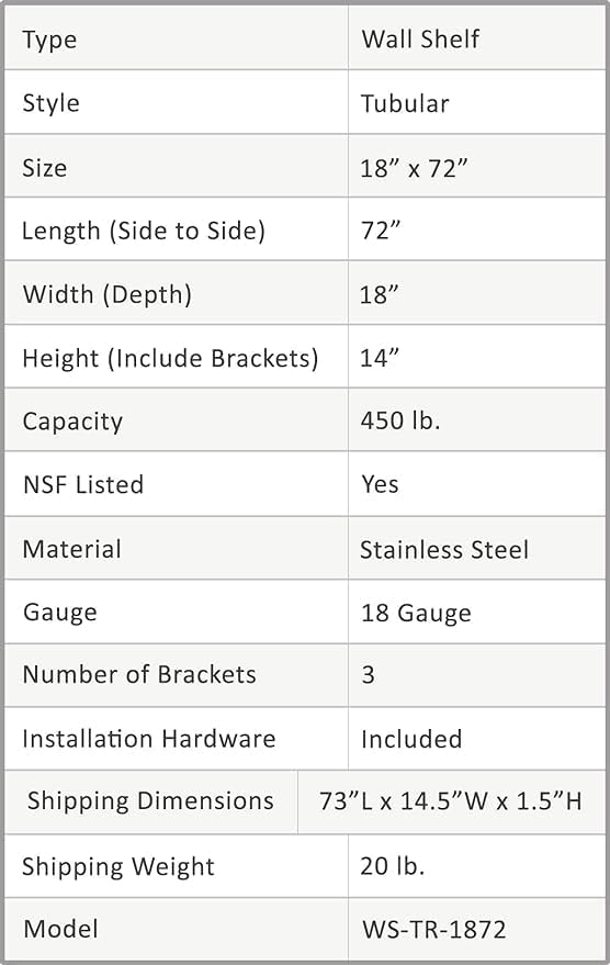 Premium Stainless Steel Tubular Wall Shelf – 72" L x 18" D | NSF Certified | Extra-Large Appliance & Equipment Shelf for Kitchen, Restaurant, Garage, Utility Room