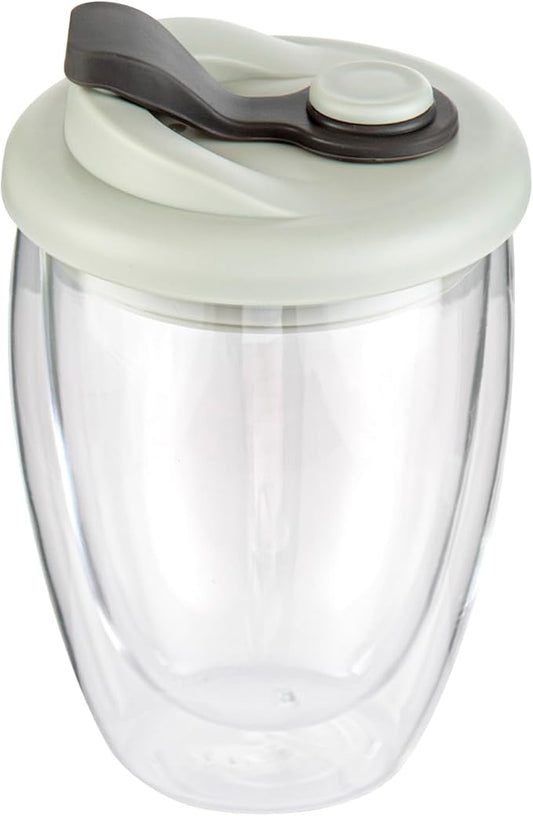 Restaurantware Glass Travel Mug 1 Count 12 Ounce Double Wall Borosilicate Reusable Coffee Cup, Spill-Resistant Gray Silicone Lid, Clear Drinkware Mug for Hot and Cold Beverages