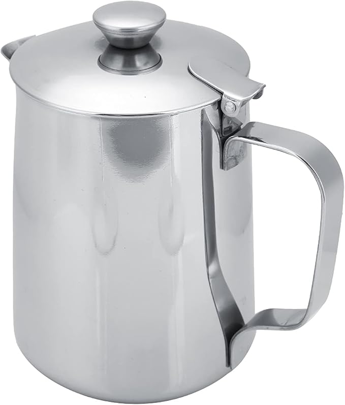 Stainless Steel Pitcher with Lid, 600ml Stainless Steel Milk Frothing Pitcher Coffee Latte Frothing Art Jug Pitcher Mug Cup for Latte Coffee Art for Office Kitchen