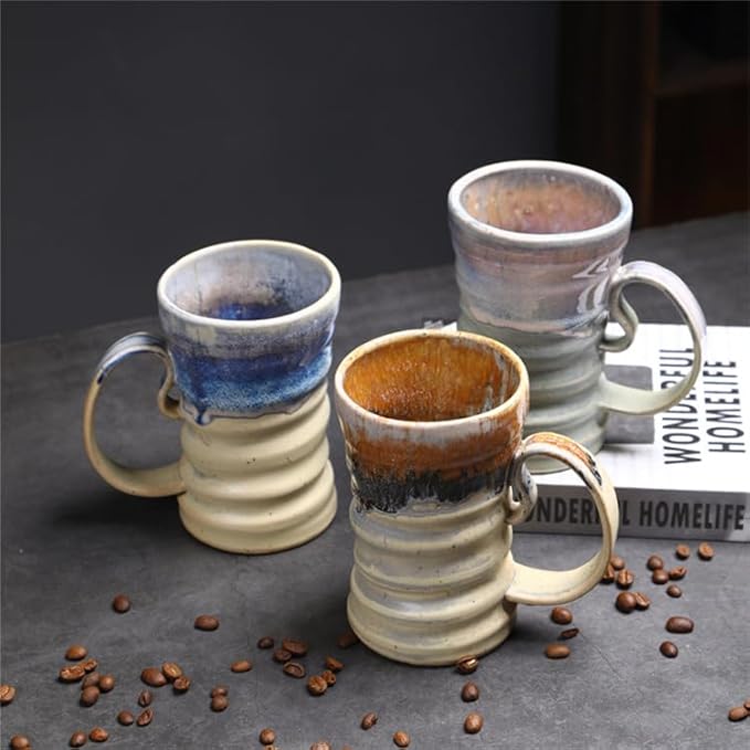 17oz Large Unique Cool Tall Handmade Ceramic Coffee Mug with Comfortable Big handle, Big Pottery Tea Mug, Artisanal Stoneware Coffee cup, Rustic Lead-free Tea Cups, Microwave safe,Biege and Brown