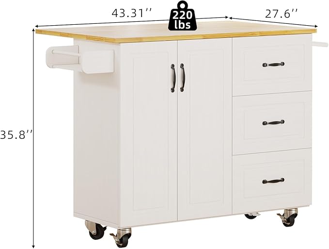 4 EVER WINNER Kitchen Island with Storage on Wheels, Rolling Kitchen Island with Spice Rack & Towel Rack, Portable Island Table for Kitchen, White