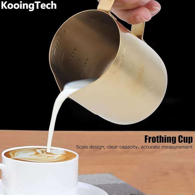 Milk Frothing Cup Stainless Steel, 350ML Milk Frothing Cup Small, Milk Frothing Pitcher Gold with Scale, Home Office Coffee Frother Cups for Gold Coffee Bar Accessories (350ML (with scale))