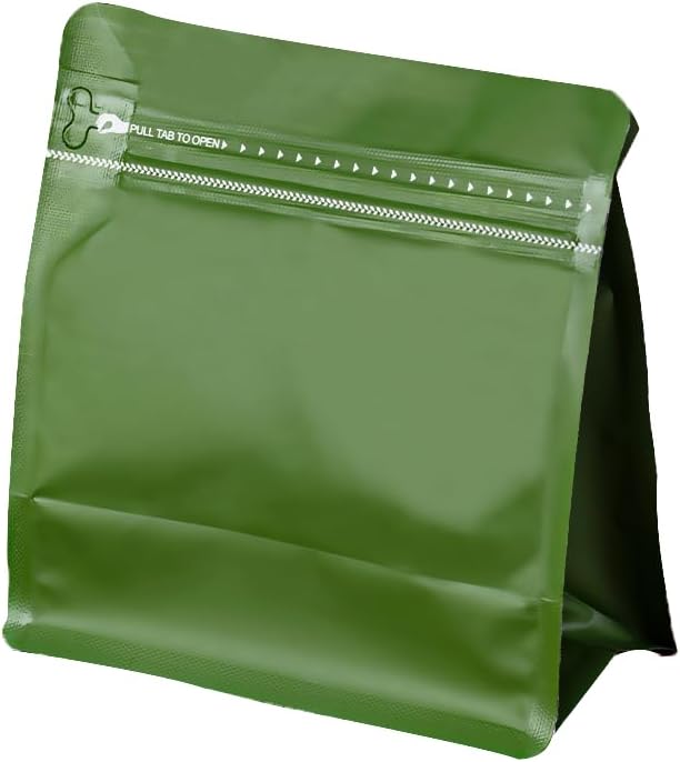 50 Pcs 0.5lb Green Sqaure Coffee Bean Bags with No-Valve, Easy Tear Open & Repeating Sealed Zipper, Heat-Seal Stand Up & Flat Bottom Tea Bag, 8oz Capacity 7.6.1x6.5 Inch