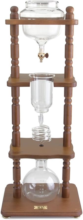 Yama Cold Brew Maker I Ice Coffee Machine With Slow Drip Technology I Makes 6-8 cups (32oz), Large Capacity Cold Brew Coffee Tower, Brown Wood Curved Frame