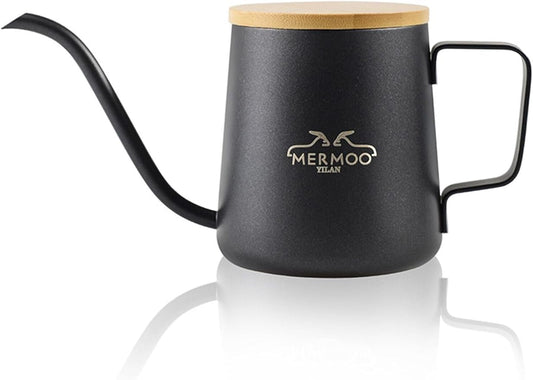 MERMOO YILAN Pour Over Coffee Kettle 12oz, Gooseneck, Wooden Lid, Precision Pouring,Single Serving, Sturdy Thicken 304 Stainless Steel, Dishwasher Safe, for Home, Camping, Travel, Office（black)