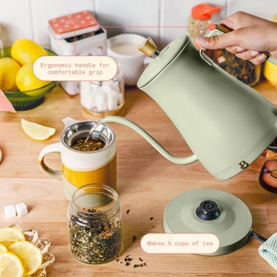 Be.autiful 1-Liter Electric Gooseneck Kettle 1200 W, Powerful 1200-watt boiling system,Long-lasting stainless steel with soft matte premium finish exterior, 360-degree power base,(Sage Green)