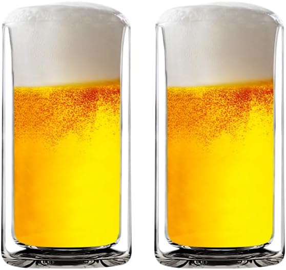 Sun's Tea 13oz Ultra Clear Strong Double Wall Thermal Insulated Highball Drinking Glasses for Beer, Coffee, Juice, Smoothie, Mojito, Soda, Milk and Mixed Beverages, Set of 2 (real glass, not-plastic)