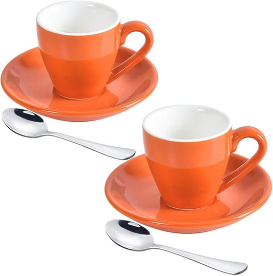 ionEgg Porcelain Espresso Cup with Saucer And Stainless Steel mini Spoons, Espresso shot Cup, 80ml/2.7Oz, Pack of 2, Orange