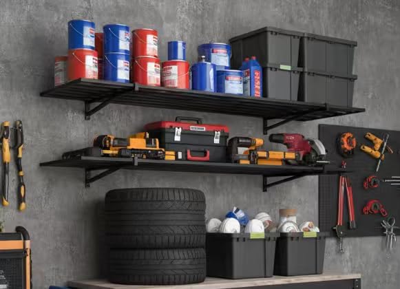 2-Pack 2x4ft Garage Shelving Wall Mounted, 24x43 inch Wall Shelf Heavy Duty Garage Storage Shelves Floating Shelves with Hooks, 500LB Capacity