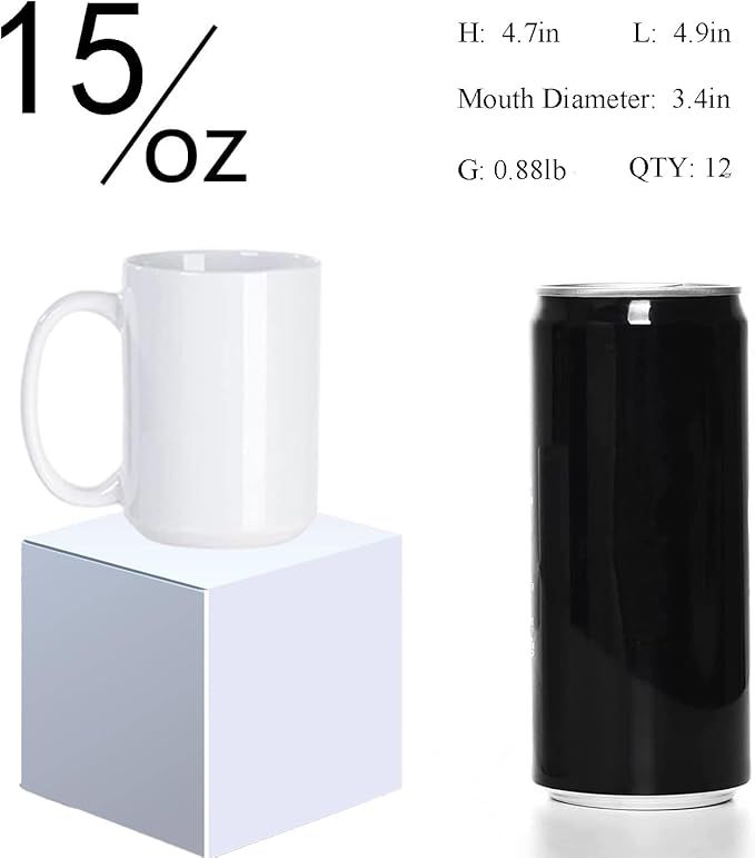 Sublimation Coffee mugs, 15 oz White Coffee Mugs Tazas Para Sublimacion Cups With Box for Coffee, Soup, Tea, Milk, Latte, Hot Cocoa Set of 12