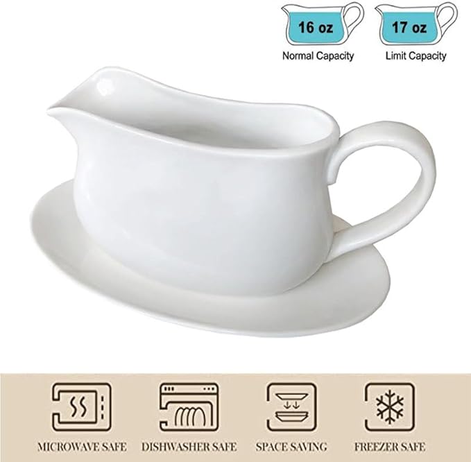 Large 17 Oz Gravy Boat and Tray White Fine Porcelain Saucier With Big Dripless Lip Spout For Gravy, Warming Sauces, Salad Dressings, Milk | Microwave & Freeze