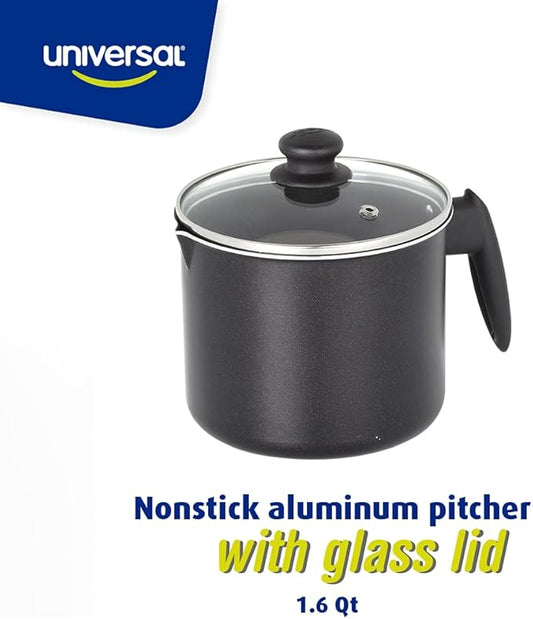 Universal (51 Oz - 1.6 Quart) Non-stick Milk Pitcher with Glass Lid, Aluminum Frothing Jug