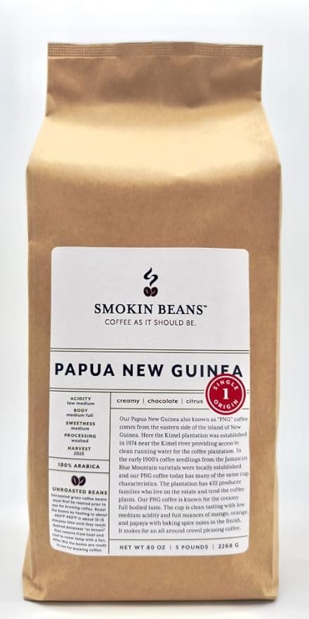 5-Pound Papua New Guinea, Unroasted Green Arabica Coffee Beans, Fresh Current Crop Specialty Grade, Roast the Beans Yourself at Home on Your Roasting Equipment Prior to Using for Brewing Coffee