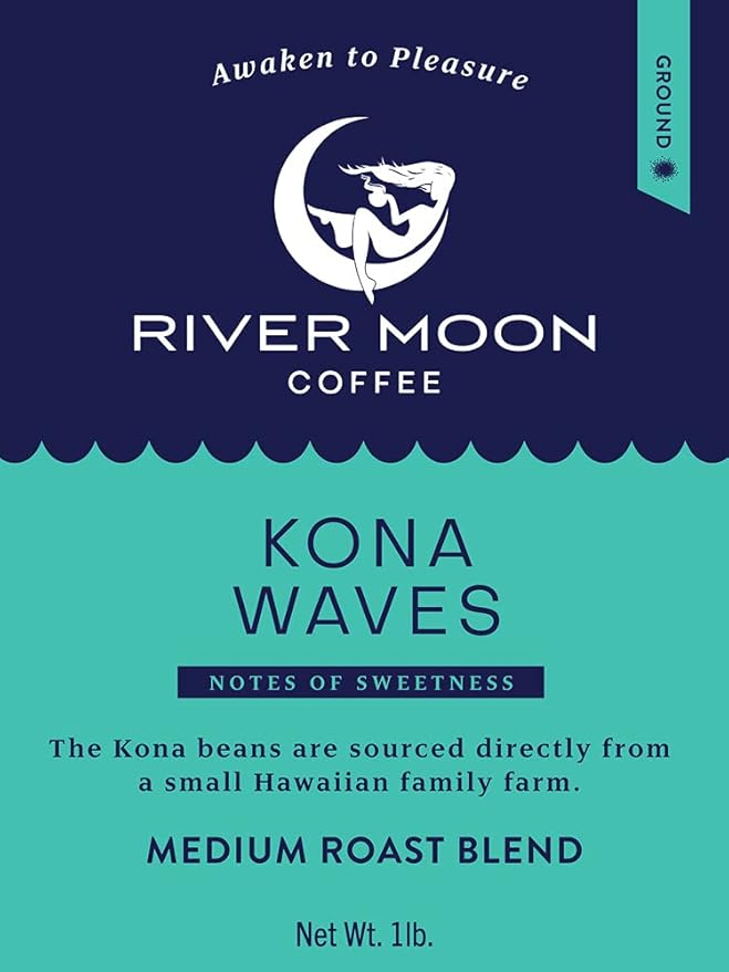 River Moon Coffee, Kona Coffee Ground, Medium Roast, 16 Ounces, Kona Waves Hawaiian Blend, Sustainably Farmed, 100% Arabica