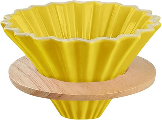 Ceramic Coffee Dripper with Wood Cup Stand Pour Over Coffee Maker Elegant Flower-shape V60 Strainer for 1-2 Cups Slow Brewing Accessories for Home Coffee Shops Restaurants Yellow