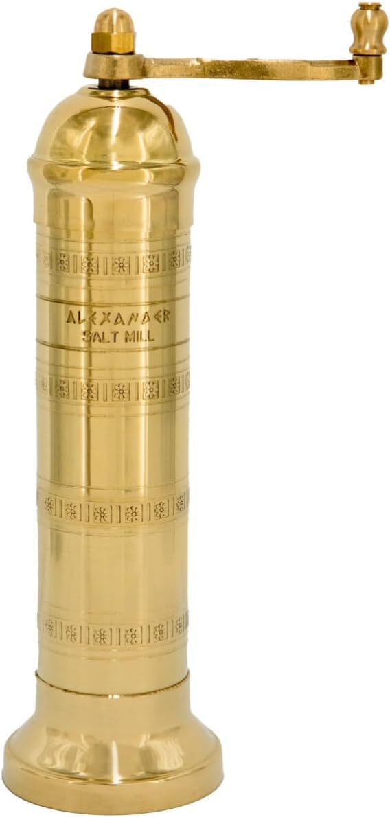 The Original Greek Salt Mill 8 Inch Tall | European Salt Mill Grinder with Crank Handle | Manual Salt Grinder | Salt Refillable - Brass