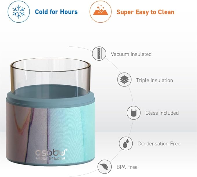 asobu Whiskey Glass with Insulated Stainless Steel Sleeve, 10.5 ounces (Aqua Pink)