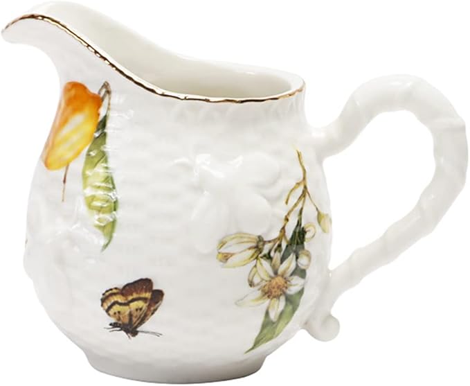 Sizikato Porcelain Creamer Pitcher with Handle, 8oz Service Pitcher for Tea Coffee Milk. Lemon and Butterfly Pattern