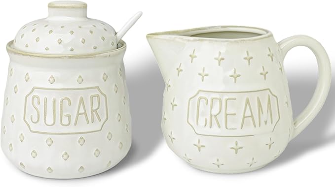 GDCZ Ceramic Sugar and Creamer Set, Coffee Serving Set, Sugar Bowl with Spoon and Cream Pitcher, Milk Creamer and Sugar Container (White)