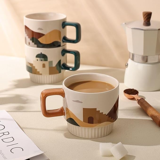 LOWYEPAULHO Ceramic Espresso Cups,Coffee Mugs with Handle, Ceramic Mug Set, Coffee Mug Set, Coffee Cups Set, CeramicCoffee Mugs, Set of 2, Night of the Desert