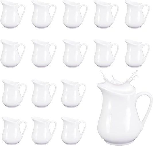 16 Pcs 4.5 oz Small Creamer Milk Pitcher with Handle Classic Porcelain Maple Syrup Container White Ceramic Dairy Dispenser for Microwave Coffee Salad Sauce