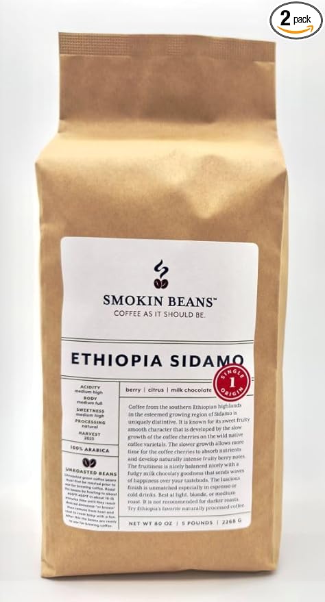 5-Pound Ethiopia Sidamo Natural, Unroasted Green Coffee Beans, Fresh Current Crop Specialty Grade, Roast the Beans Yourself at Home on Your Roasting Equipment Prior to Using for Brewing Coffee