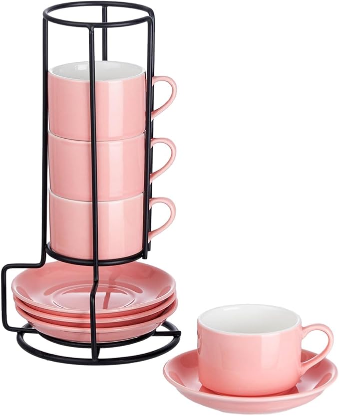 Meichu 2.5oz Porcelain Stackable Espresso Cups with Saucers and Metal Stand Set of 4, Stackable Espresso Cups Set of 4, Pink Expresso Shots Cup Set for Cappuccino, Coffee Drinks, Latte, Tea