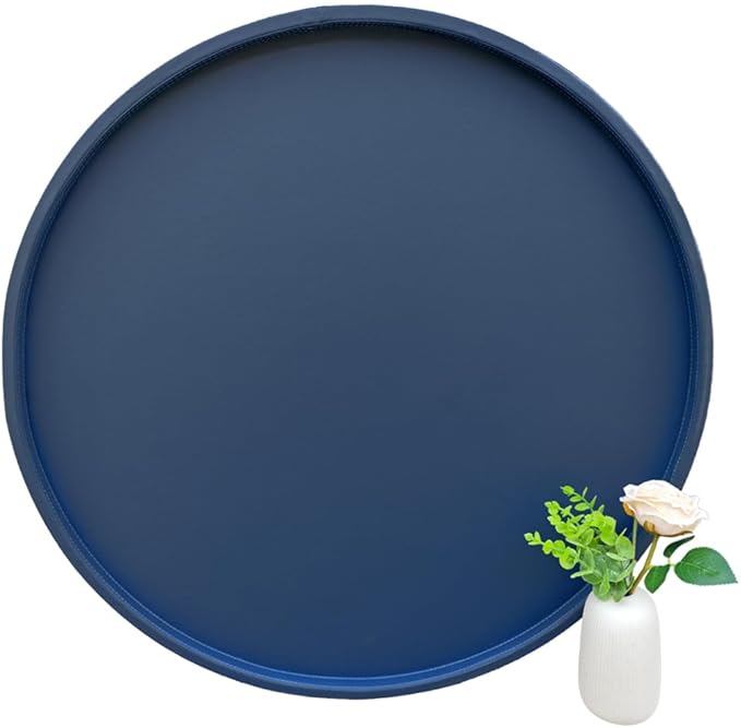 30-inch Round Ottoman Serving Tray - Textured PU Leather Coffee Table Decor, Waterproof Heat-Resistant Large Organizer for Home, Office, Bed & Party Essentials (Navy Blue, 30)