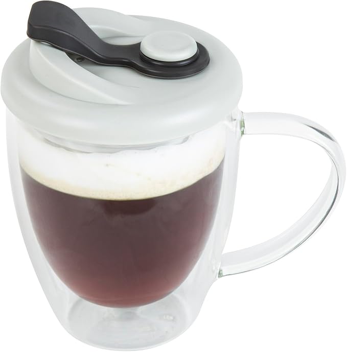 Restaurantware - Forma Professional 11.8 Ounce Insulated Travel Mug With Handle, 1 Double Wall Coffee Mug - Includes Lid, Reusable, Clear Borosilicate Glass Tumbler, Dishwashable, Microwavable
