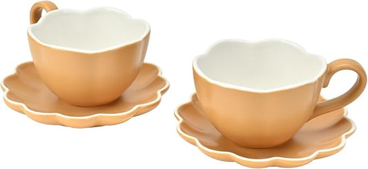 MyBudsBuzz Ceramic Espresso Cups with Saucers 6 oz,Coffe Cups for Cappuccino,Latte,Tea with Saucers Set of 2 - Flower - Caramel Brown