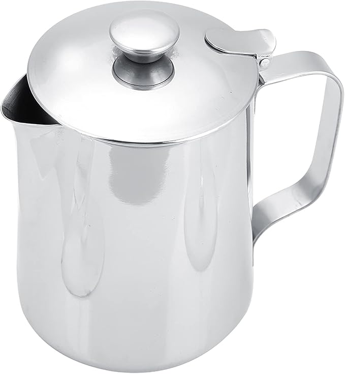 Stainless Steel Pitcher with Lid, 600ml Stainless Steel Milk Frothing Pitcher Coffee Latte Frothing Art Jug Pitcher Mug Cup for Latte Coffee Art for Office Kitchen
