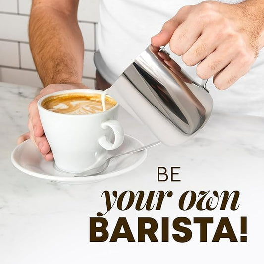 Zulay Milk Frothing Pitcher with Latte Art Pen – 12oz 20oz 32oz - Stainless Steel Frother Cup with Measurement Markings, Espresso & Coffee Accessories Creamer Jug with Laser-Welded Handle - 32 oz