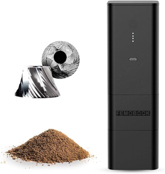 Femobook-A2 Portable Electric Coffee Grinder, Cordless Burr Grinder USB Rechargeable Coffee Grinder Magnetic Grounds Cup for Espresso Pour Over Travel & Home Brewing, Black
