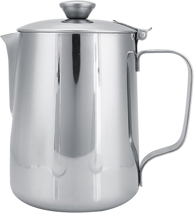 Stainless Steel Pitcher with Lid, 600ml Stainless Steel Milk Frothing Pitcher Coffee Latte Frothing Art Jug Pitcher Mug Cup for Latte Coffee Art for Office Kitchen