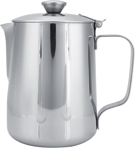 Stainless Steel Pitcher with Lid, 600ml Stainless Steel Milk Frothing Pitcher Coffee Latte Frothing Art Jug Pitcher Mug Cup for Latte Coffee Art for Office Kitchen