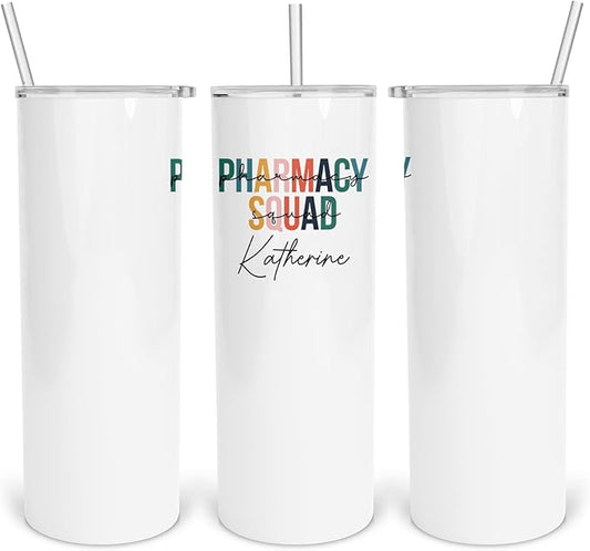 Pharmacy Skinny 20oz Personalized Tumbler, Sublimated Tumbler for PharmD With Lid, Stainless Steel Birthday Mug With Lid for Future Pharmacist, Gift for Office, Vacuum Insulated Gift for Retired Pharm