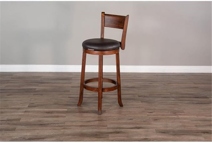 Pemberly Row Set of 3 Polished Brown Wood Bar Unit & 2 Swivel Barstool with Back