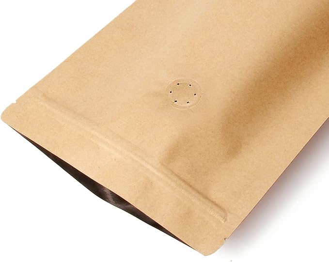 12 Ounce 50 Pieces Coffee Bags with Ziplock - High Barrier Natural Kraft Paper Stand up Coffee Pouches with Air Release/One Way Degassing Valve & Reusable Zipper (50, 12oz/0.75lb/340gm)
